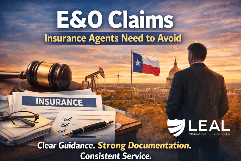 Texas insurance agent overlooking the Texas State Capitol and Texas flag with insurance paperwork and a gavel representing errors and omissions (E&O) risk, emphasizing clear guidance, strong documentation, and consistent service.