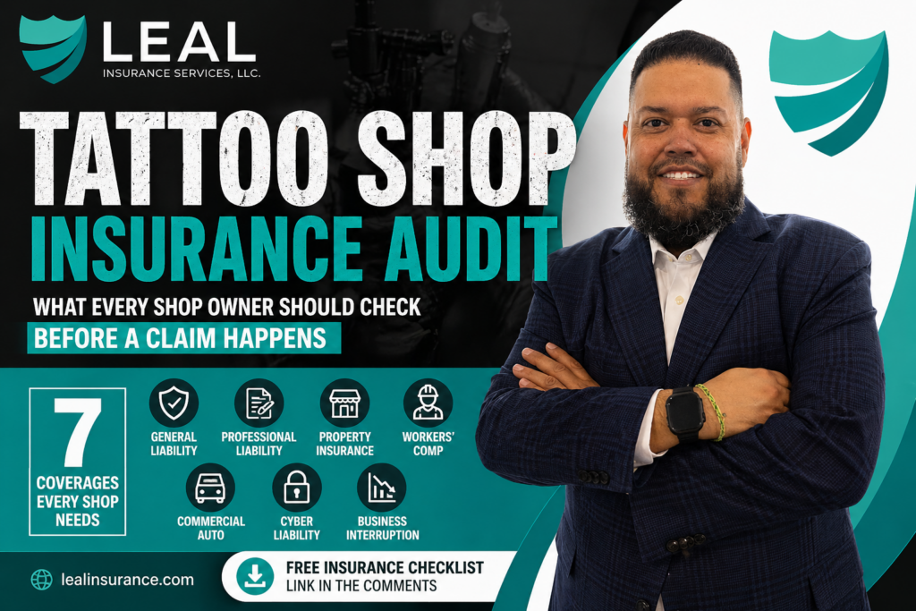 Tattoo shop insurance audit guide thumbnail featuring Luis Leal of Leal Insurance Services explaining coverage every tattoo shop owner should review.