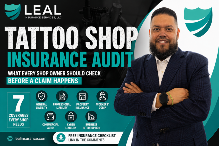 Tattoo shop insurance audit guide thumbnail featuring Luis Leal of Leal Insurance Services explaining coverage every tattoo shop owner should review.