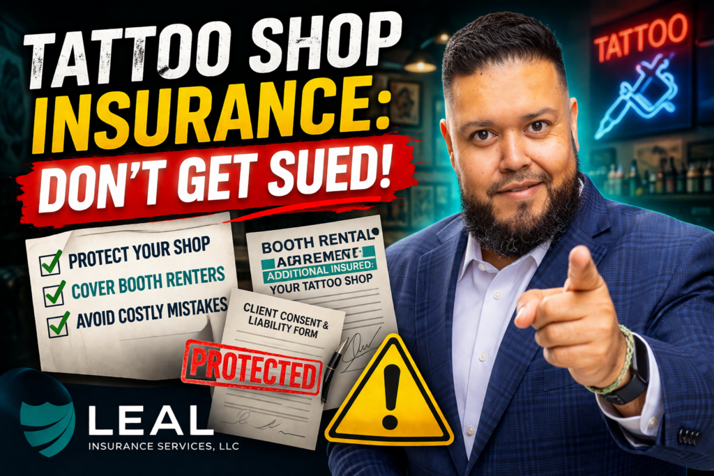 San Antonio insurance agent Luis Leal explaining tattoo shop insurance risks in Texas with focus on booth renters, additional insured requirements, and liability protection for tattoo business owners
