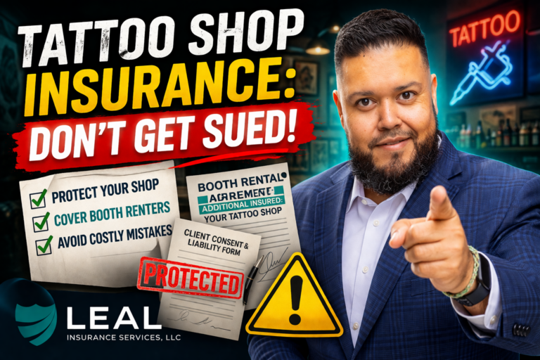 San Antonio insurance agent Luis Leal explaining tattoo shop insurance risks in Texas with focus on booth renters, additional insured requirements, and liability protection for tattoo business owners