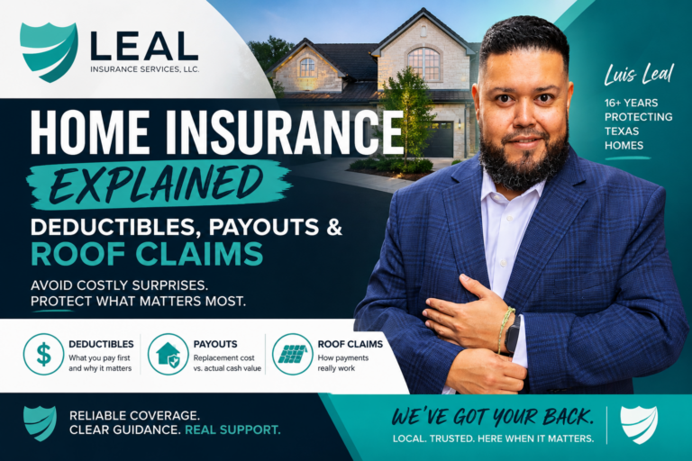 San Antonio insurance agent Luis Leal explaining home insurance deductibles, roof claims, and payouts for Texas homeowners