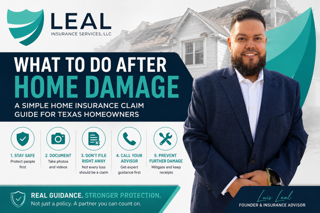 Luis Leal of Leal Insurance Services explaining what Texas homeowners should do after home damage and before filing a homeowners insurance claim.
