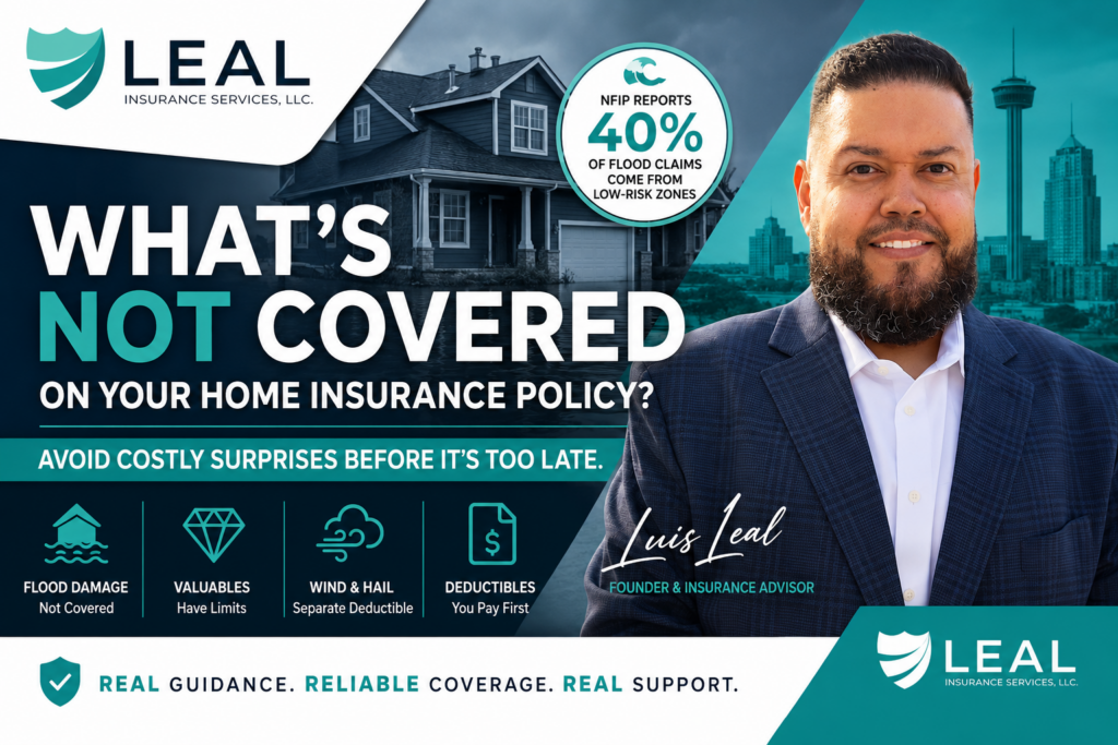Luis Leal of Leal Insurance Services discussing what is not covered on a Texas home insurance policy including flood damage, valuables limits, wind and hail deductibles, and homeowner deductible responsibilities.
