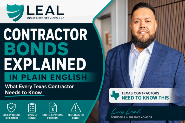 Luis Leal explaining contractor bonds in Texas including surety bonds, permit bonds, performance bonds, and contractor bonding requirements.