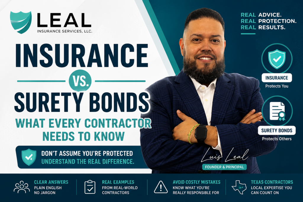 Luis Leal of Leal Insurance Services explaining the difference between insurance and surety bonds for Texas contractors.