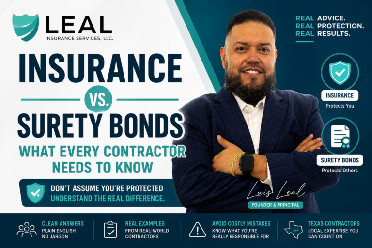 Luis Leal of Leal Insurance Services explaining the difference between insurance and surety bonds for Texas contractors.