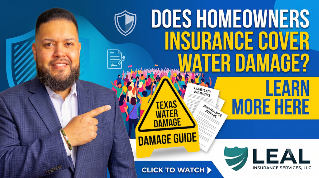 Texas homeowner looking at water damage after a burst pipe while reviewing homeowners insurance coverage with Leal Insurance Services.