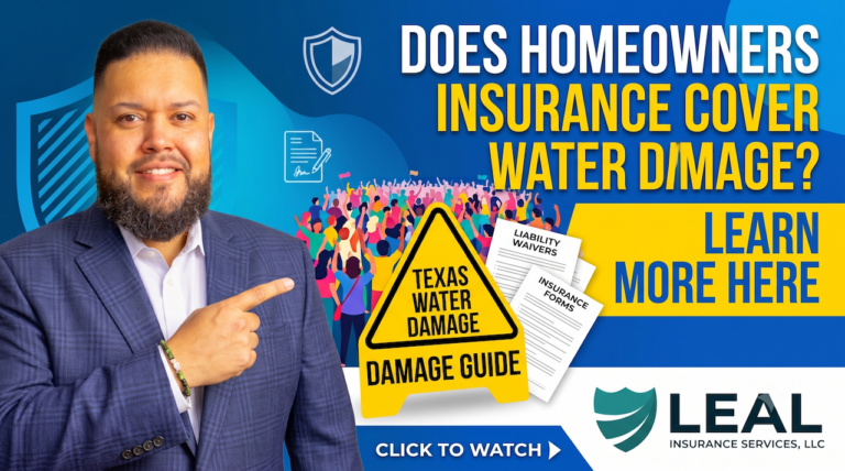 Texas homeowner looking at water damage after a burst pipe while reviewing homeowners insurance coverage with Leal Insurance Services.