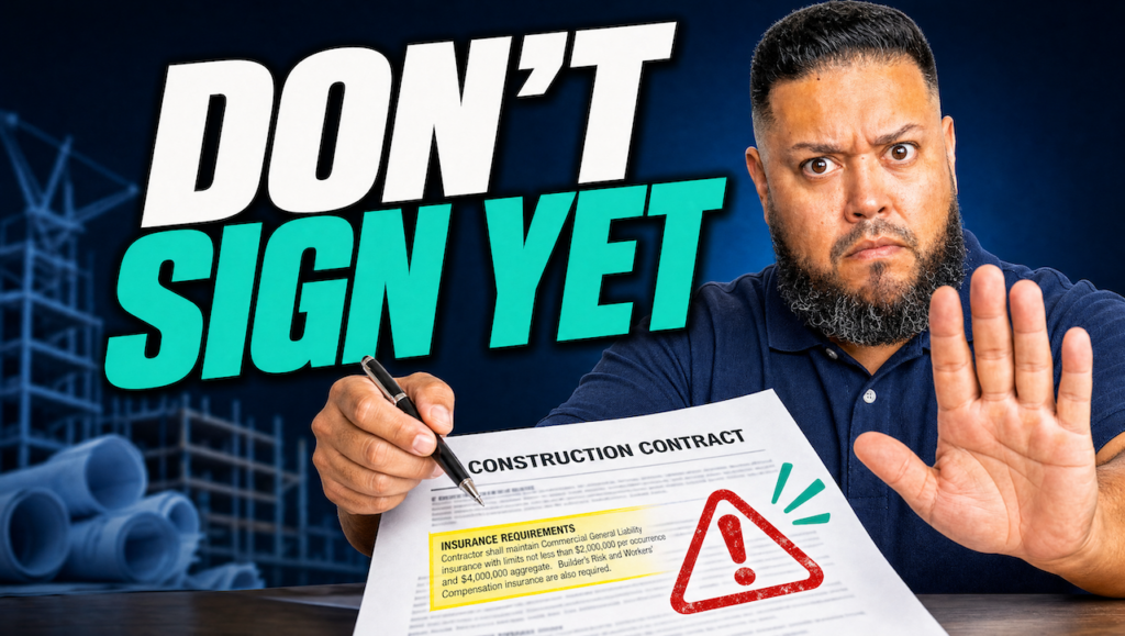 Contractor reviewing construction contract insurance requirements before signing